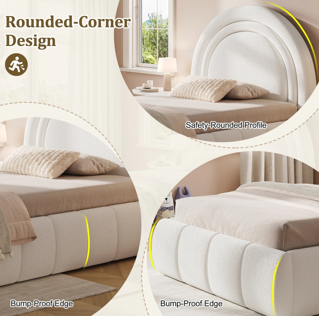 Letto singolo per bambini 90x200 cm con contenitore idraulico; rete a doghe; bouclé beige