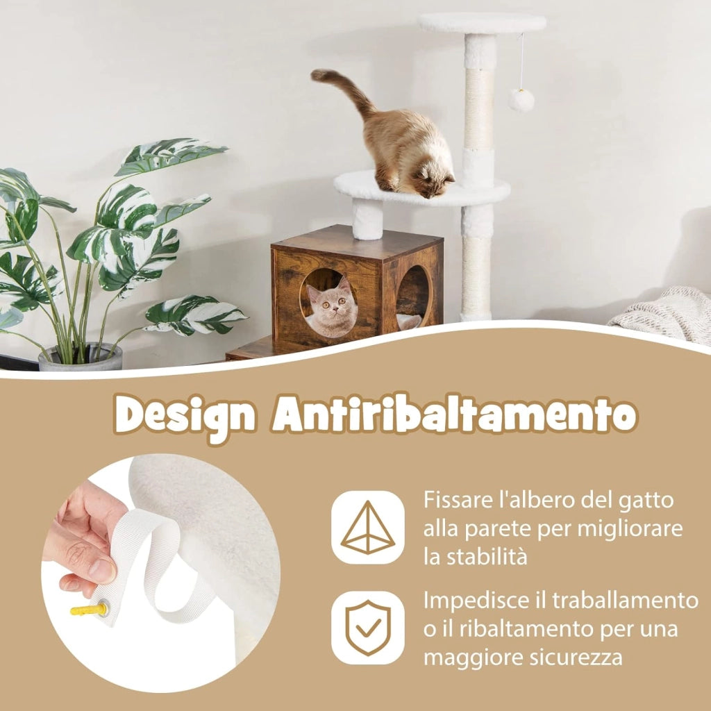 Tiragraffi per Gatti Adulti Con Cuccia, Piattaforma, Cuscini e Albero Alto in Legno - 77,5 x 49 x 132 cm