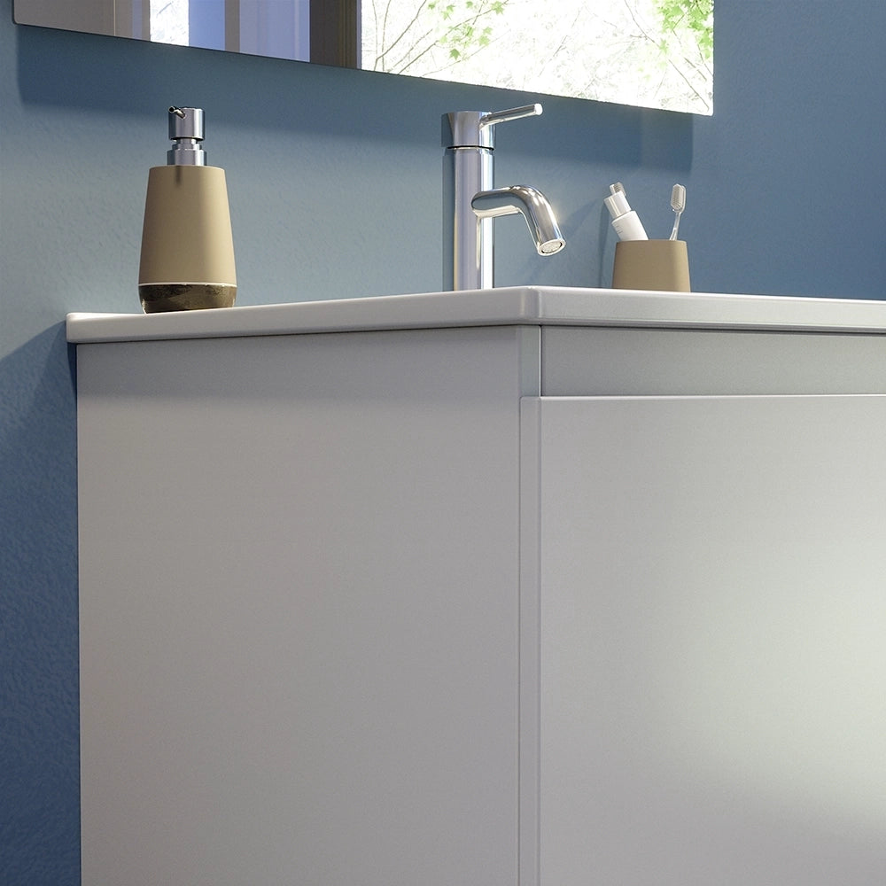 Mobile bagno sospeso 80 cm due ante bianco effetto legno lavabo e specchio | Yili