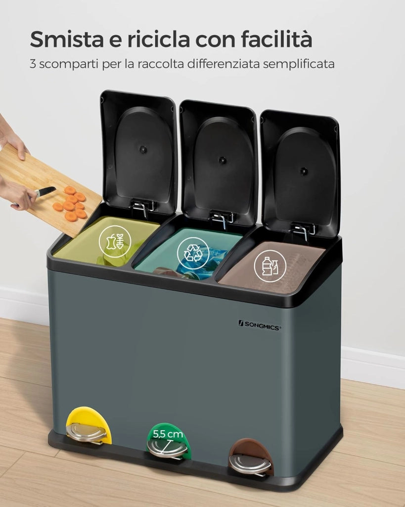 SONGMICS Cestino da Cucina, Pattumiera per Riciclaggio, Pattumiera Tripla a Pedale, in Metallo da 45 Litri, per Raccolta Differenziata, 3 x 15L, con Coperchio, Acciaio, Grigio Verdastro LTB45G