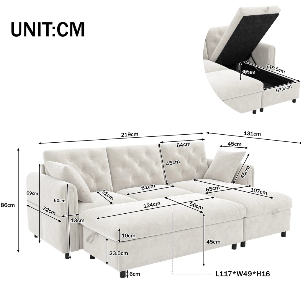 Divano beige con chaise longue e pouf contenitore