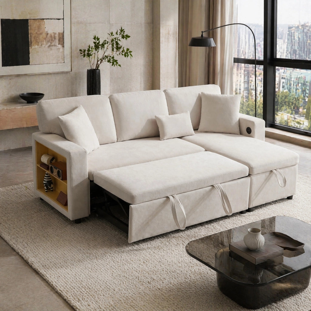 Divano letto angolare 3 posti con chaise longue reversibile; USB e contenitore; beige