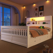 Letto contenitore 160 × 200 cm con 4 cassetti, scaffali e LED, senza materasso, in MDF e compensato, bianco