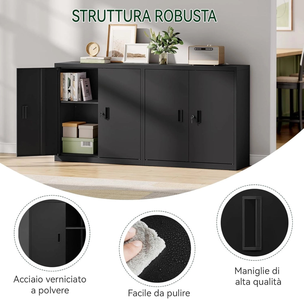 Armadio per Archiviazione con Serratura e Ripiano Regolabile in Altezza, Armadio Multiuso per Ufficio in Metallo, Nero, L90xH92xP40 cm, ASK12sz