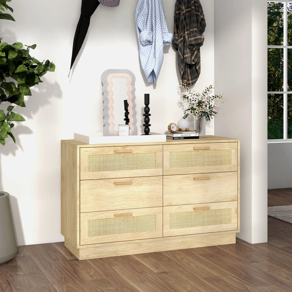 Cassettiera 6 Cassetti Stile Boho ¨C Xylo ¨C Legno Rovere e Rattan, 110x40x69 cm
