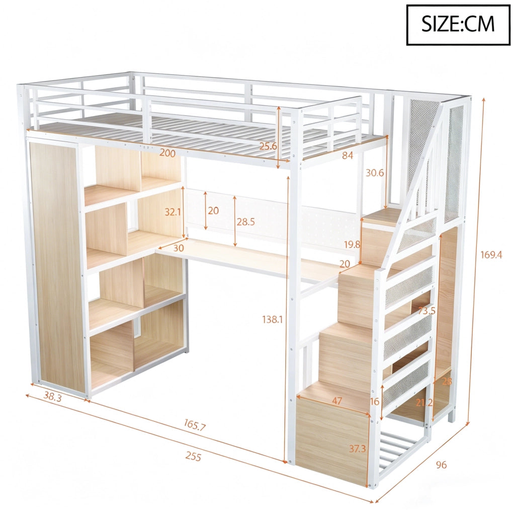 Letto a soppalco 90x200 cm bianco in metallo e MDF con scrivania e armadio