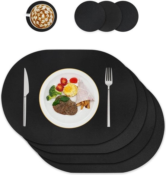 Set di placemats e sottopanchine in pelle lavabile - decorazione da tavola per cucina e sala da pranzo - insieme da 4 - ovale nero - robusto e duraturo