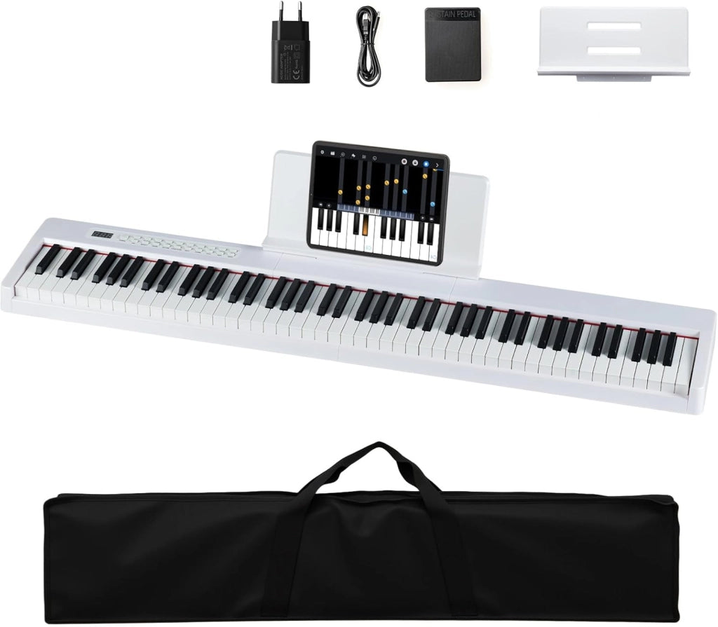 Pianoforte digitale a 88 tasti, tastiera per pianoforte con 380 suoni, 128 ritmi, 88 demo, MIDI, pedale, pianoforte elettrico portatile con supporto per musica, borsa da trasporto (bianco)