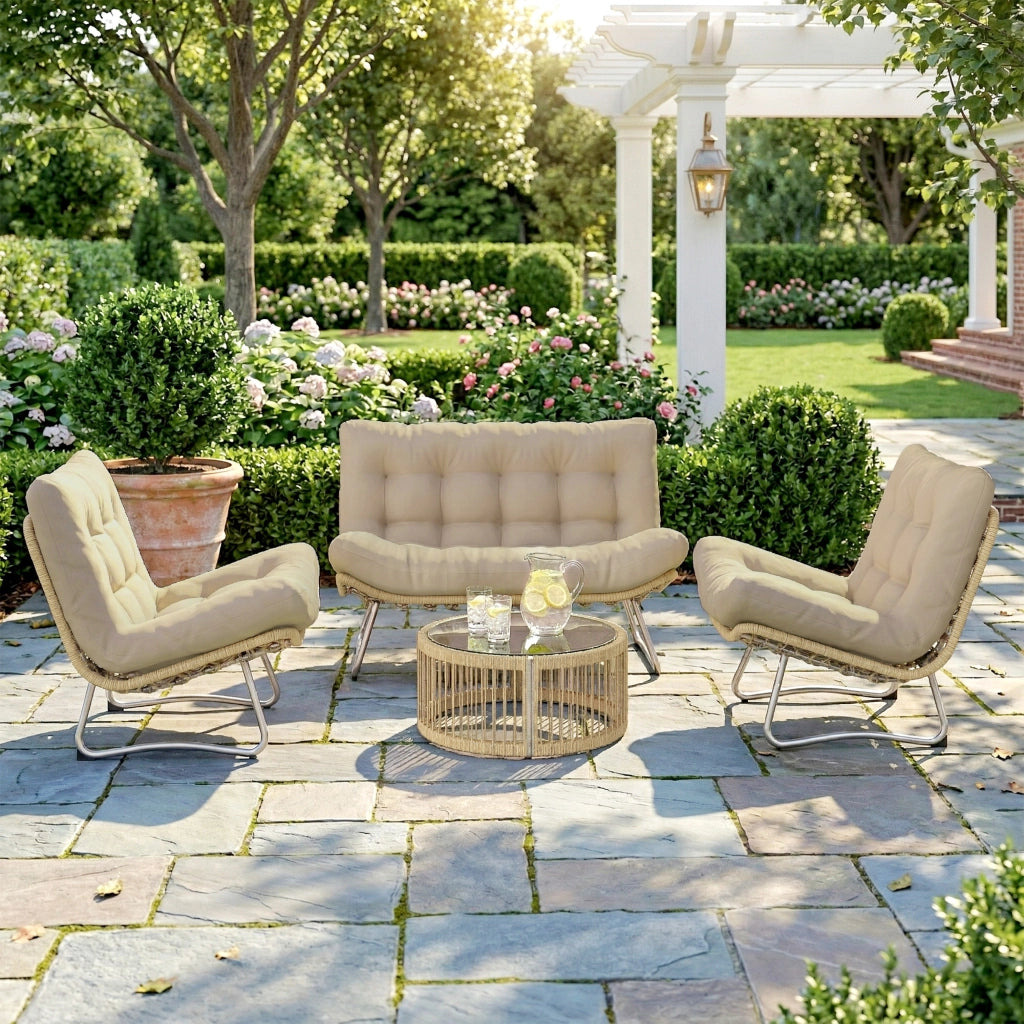 Set Lounge 4 Pezzi Polyrattan ¨C Zephmum ¨C Grigio, Cuscini Spessi, Tavolo Vetro