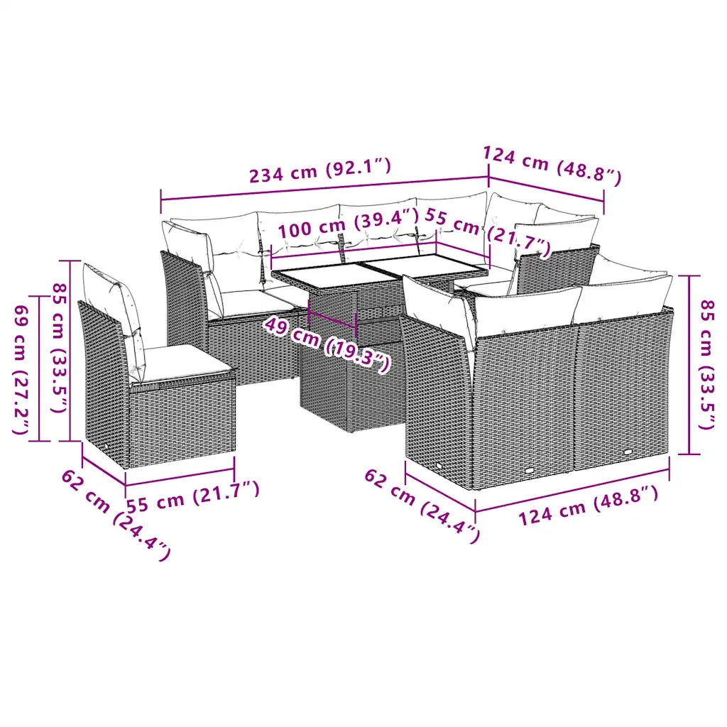 Set Divani da Giardino 9 pz con Cuscini Nero in Polyrattan 3266725