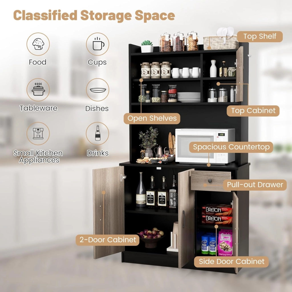 Credenza Alta da Cucina 180 cm, Mobile Cucina Dispensa con Fori per Cavi, Mobile Buffet con 4 Ripiani Regolabili, 3 Armadi, per Soggiorno, Sala da Pranzo, 100 x 40 x 180 cm (Nero)
