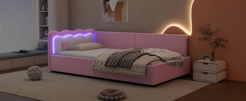 DESMIU Lit simple 90 × 200 cm con LED regolabile, senza materasso, in velluto, rosa