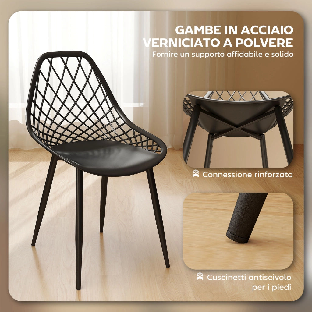 Set 4 Sedie da Pranzo Moderne con Schienale Traforato in Plastica e Gambe in Metallo, Nero