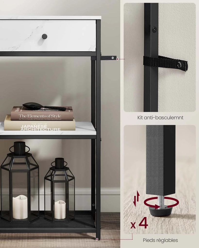 Tavolino da ingresso stretto con 2 cassetti in tessuto tavolino da ingresso/consolle a 3 ripiani 24 x 76 x 80 cm per ingresso/soggiorno marrone rustico e nero inchiostro 12_0008000