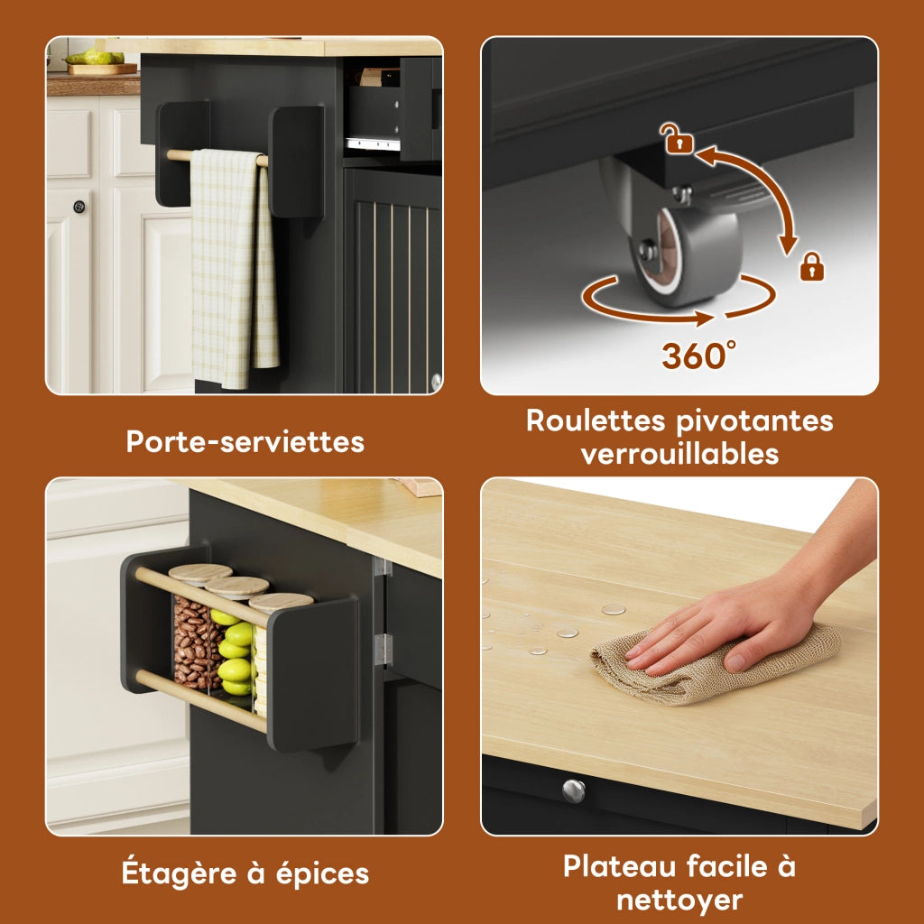 Isola da cucina pieghevole con 2 cassetti verticali; 2 cassetti grandi; portacondimenti e ruote frenate