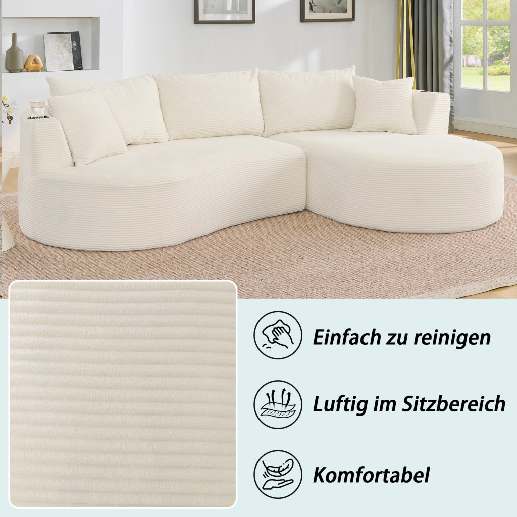 Divano Angolare 3 Posti con Chaise Longue ¨C MINIMAL ¨C Tessuto a Coste, Beige, con Cuscini e Portabicchieri