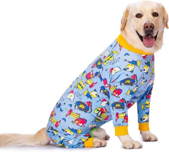 Abbigliamento per cani con stampa cartoon - Jumpsuit per cani di taglia media e grande - Blu con stampa gatti - Copertura completa - Costume per animali domestici
