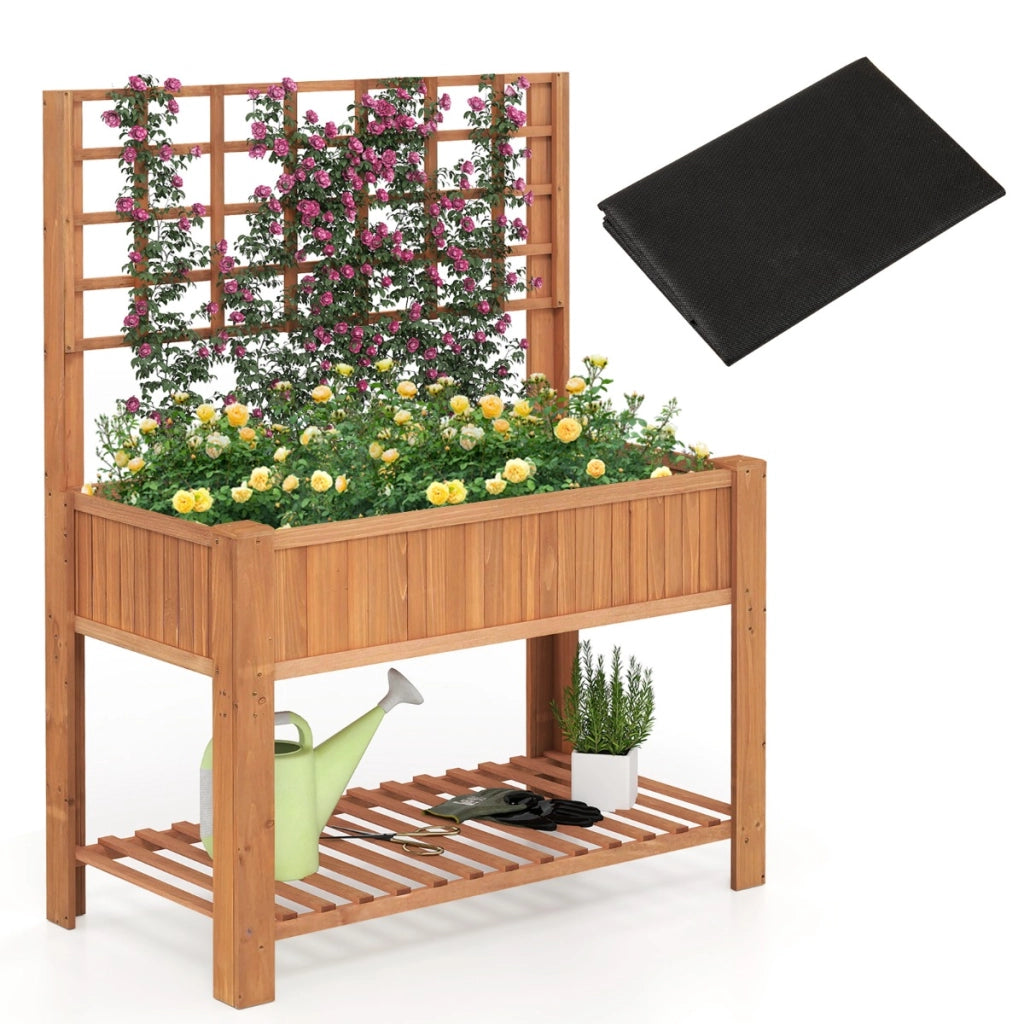 Letto da giardino rialzato con traliccio, Fioriera alta in legno con mensola di stoccaggio e fori di drenaggio Marrone-Fioriere