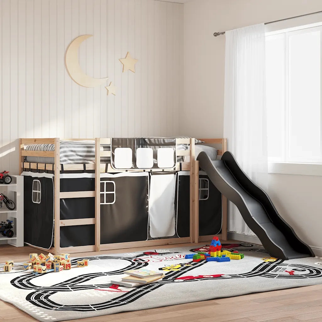 Letto singolo | Letto per adulti | Letto a Castello con Scivolo e Tende Bianco e Nero 80x200 cm