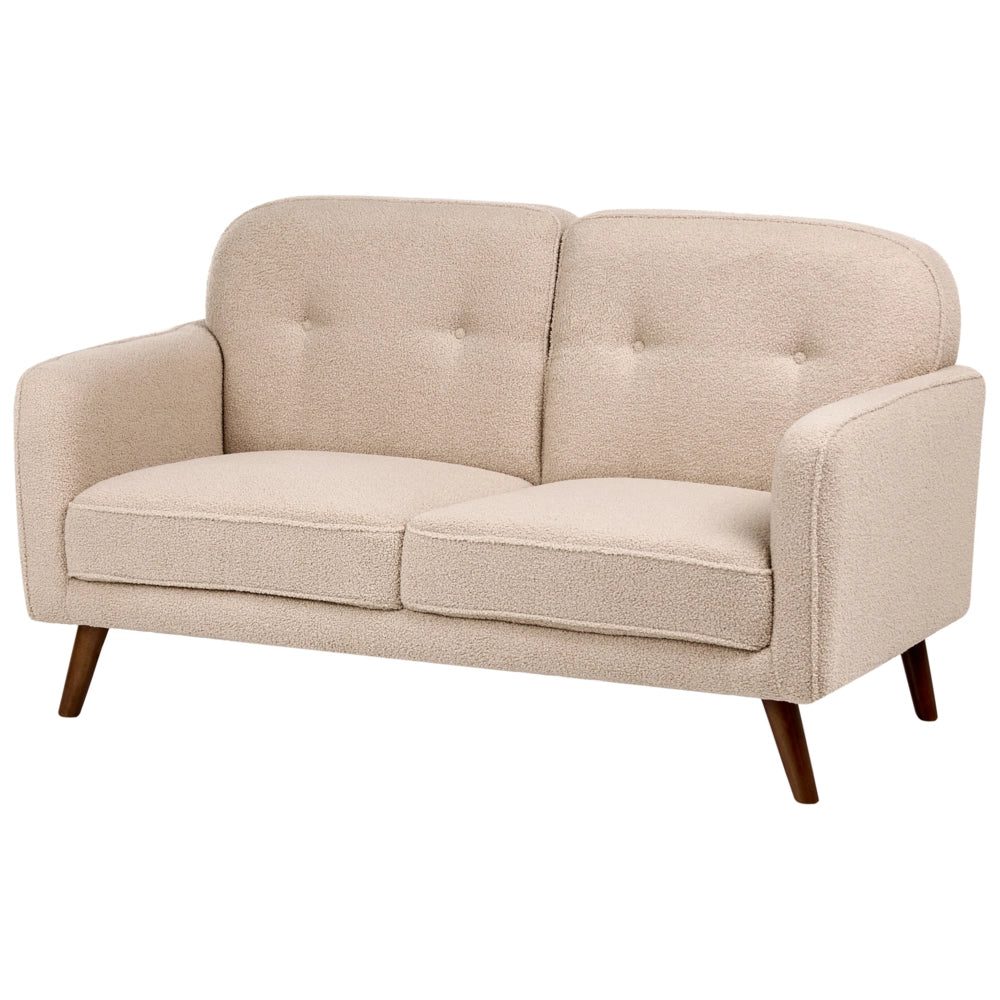 Divano a due posti beige in bouclé con imbottitura a bottoni, gambe in rovere, divanetto a due posti, stile tradizionale, soggiorno