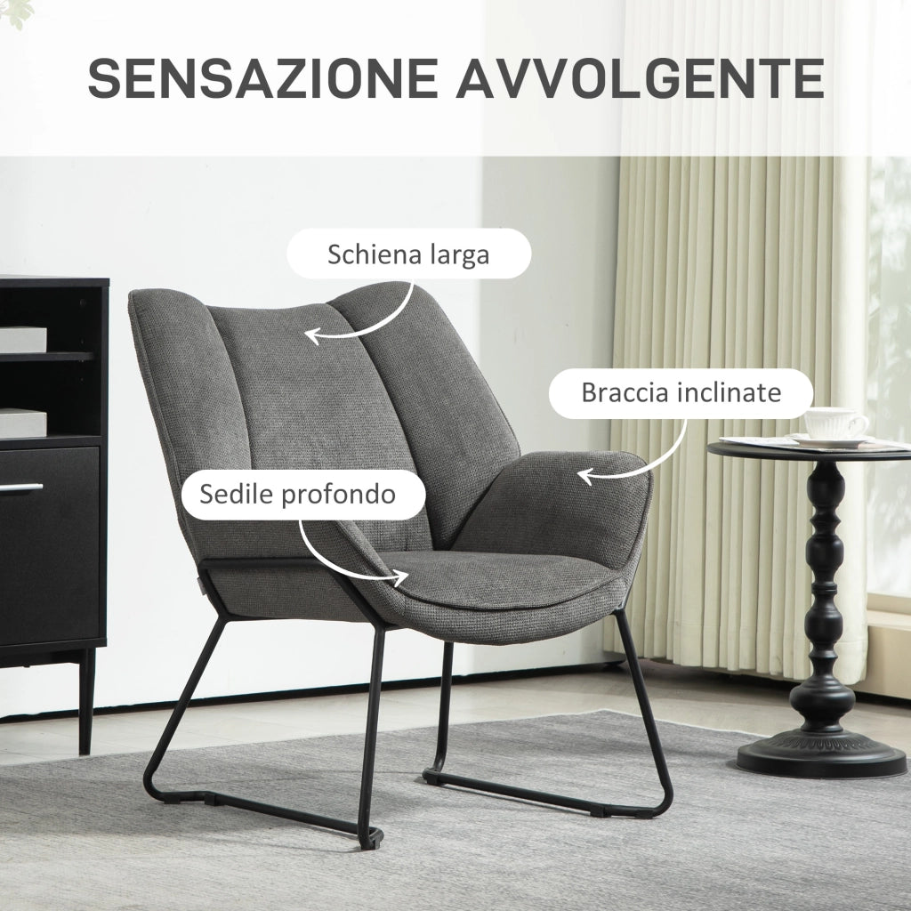 Poltrona d'Arredo con Braccioli Inclinati, in Tessuto Effetto Lino e Acciaio, 71.5x67x79 cm, Grigio