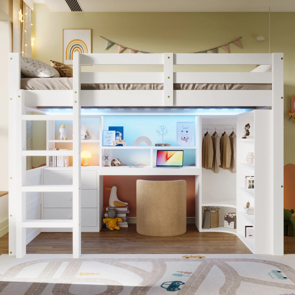Letto a soppalco 140x200 cm bianco con LED, armadio e scrivania