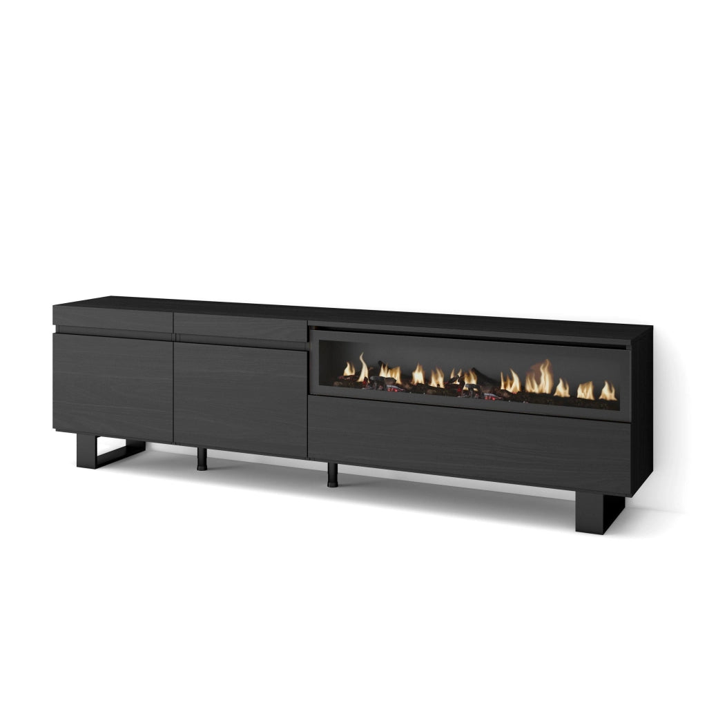 Mobile TV, 200x35x57cm, soggiorno, Per TV fino a 80", Camino elettrico, Design industriale, Nero RF2194