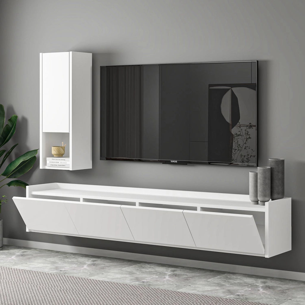 Mobile TV in legno "Sema" con mensola a muro - 160 x 30 x 35 cm - Bianco