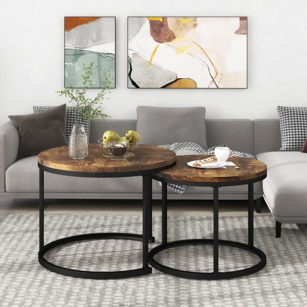 Set 2 tavolini da caffè rotondi impilabili in MDF effetto legno; marrone