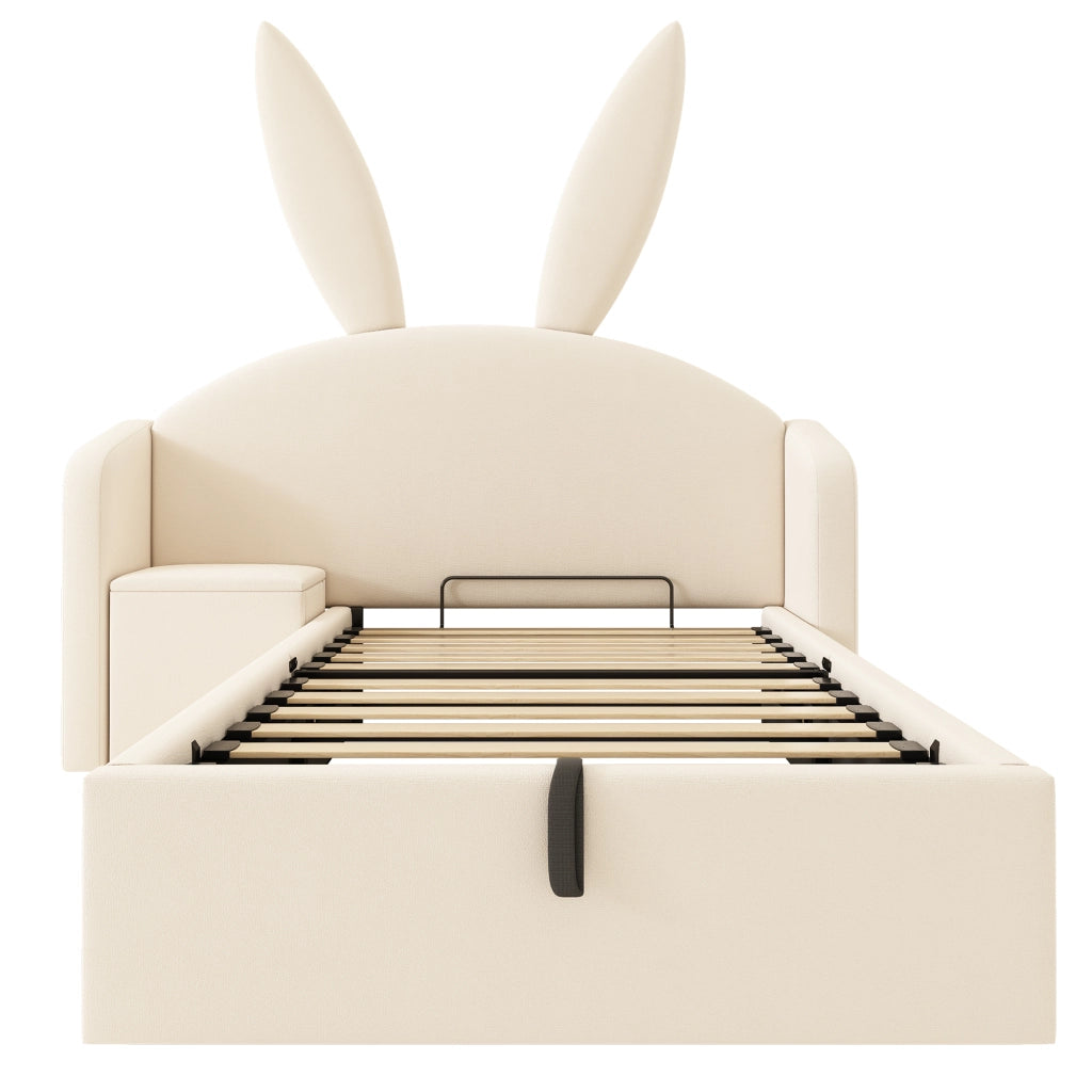 Letto per bambini 90x190 con contenitore e comodino; letto imbottito in velluto beige