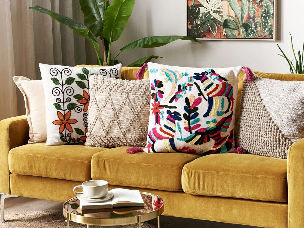 Cuscino sfoderabile in cotone multicolore 50 x 50 cm motivo animale ricamato a mano sfoderabile con imbottitura in stile boho