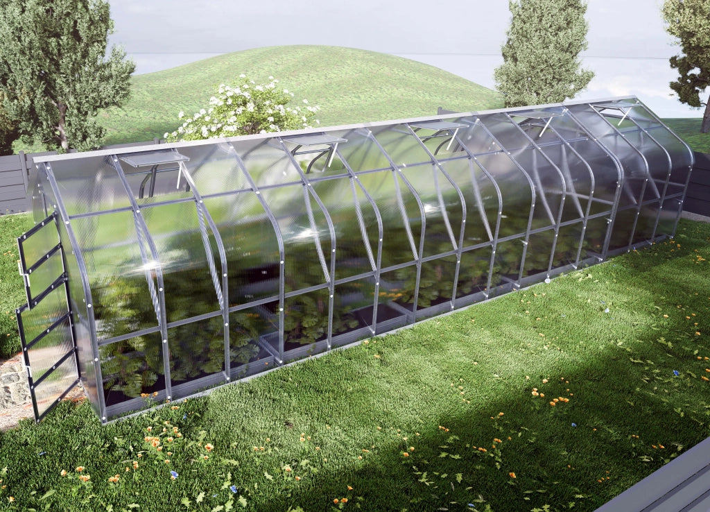 Serra da giardino KLASIKA Standard 30m2, 2,5m x 12m, 4 mm con rivestimento in policarbonato (con 6 tetti ad apertura automatica)