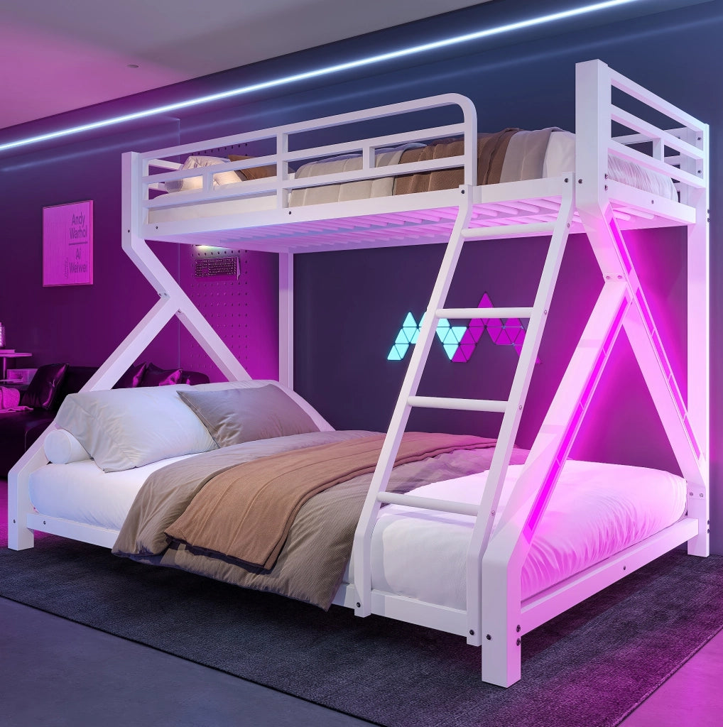 Letto a castello in metallo con LED; 90x200 cm e 140x200 cm; bianco