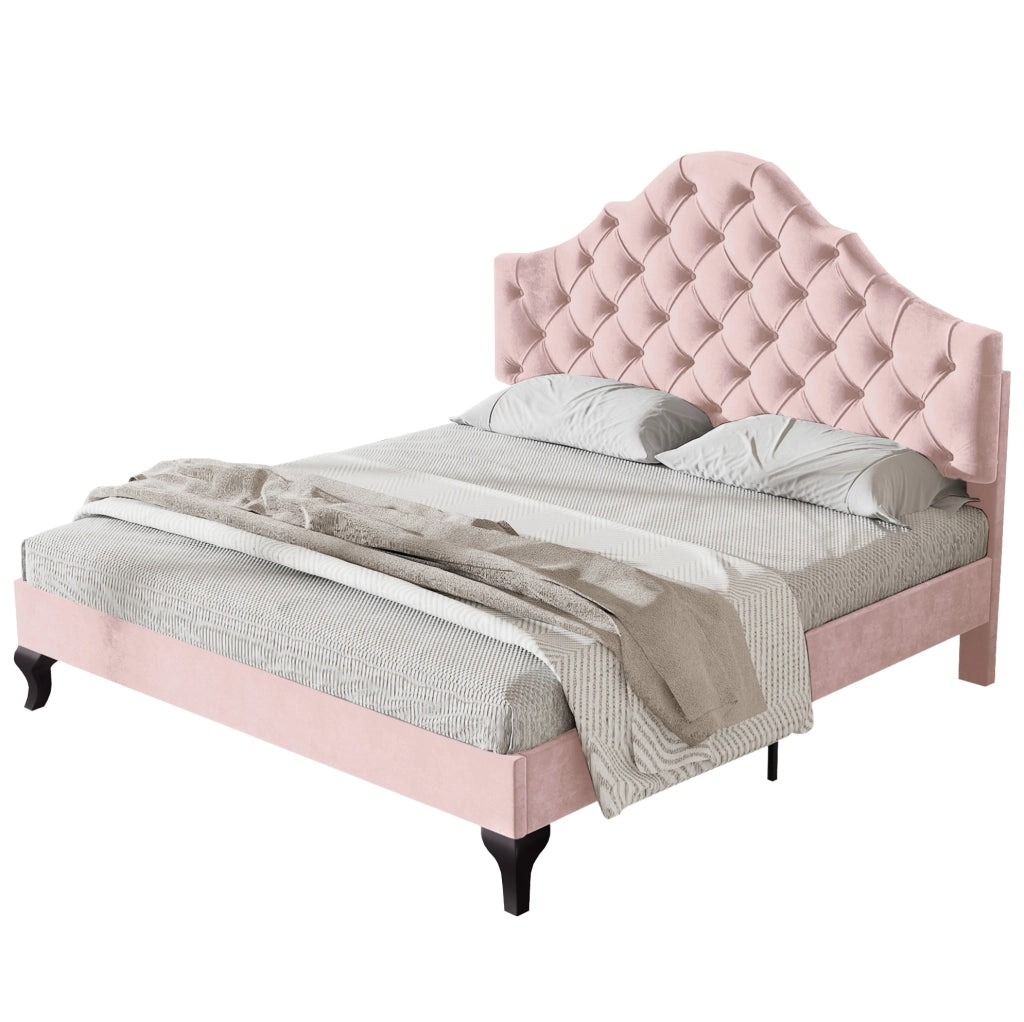 Letto imbottito 140x200 cm con rete a doghe e testiera regolabile in velluto rosa