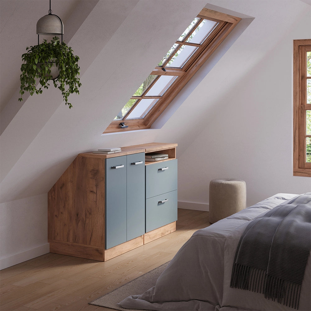 Set di mobili sottotetto Rion Grigio-blu/Rovere dorato 120 cm Set di 2 carcasse armadio profondità 60 cm Vicco