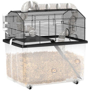 GABBIA PER CRICETI A 2 PIANI CON RUOTE TUBI CIOTOLA BOTTIGLIA E RAMPA 58X43X57 CM NERO