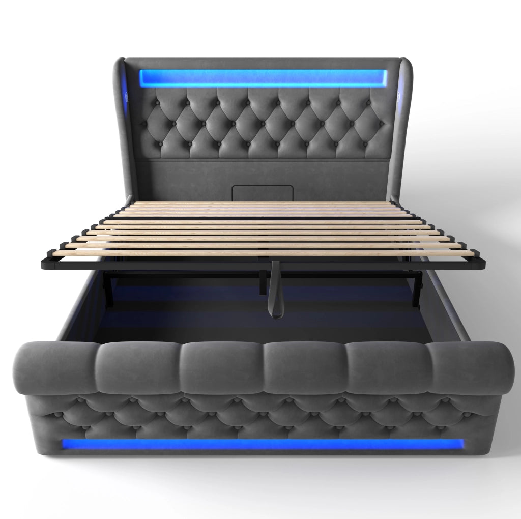 Letto matrimoniale imbottito 140x200 cm in velluto grigio con LED e porta USB Type-C