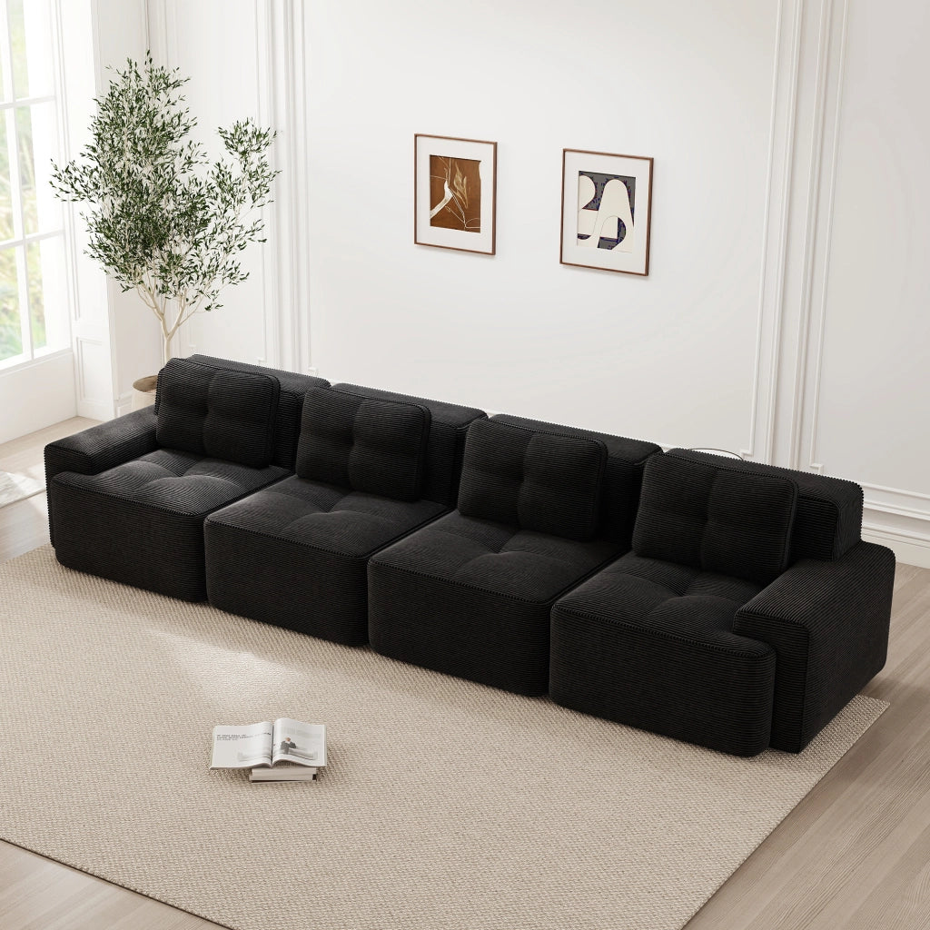 Divano modulare senza montaggio in velluto a coste; nero; 382x104x69 cm