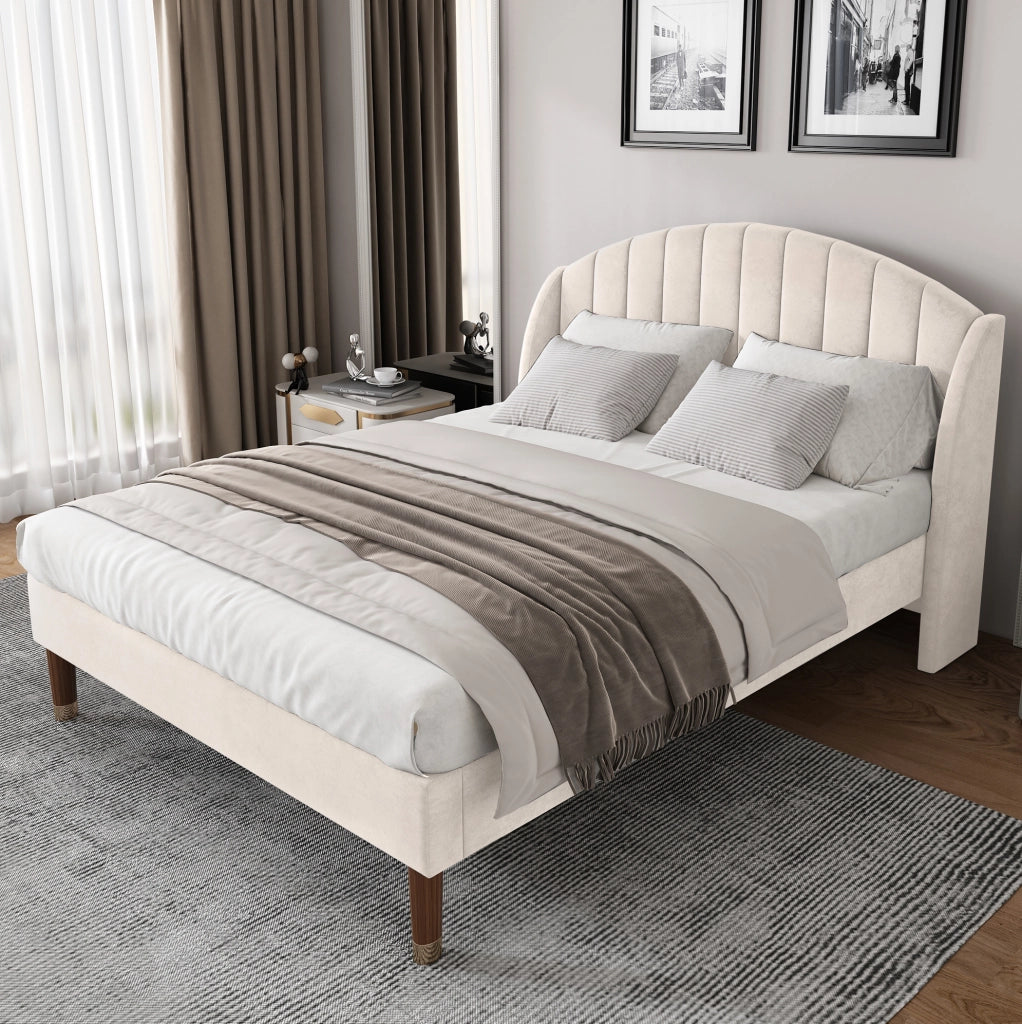 Letto imbottito beige 140x190 cm in velluto con rete a doghe