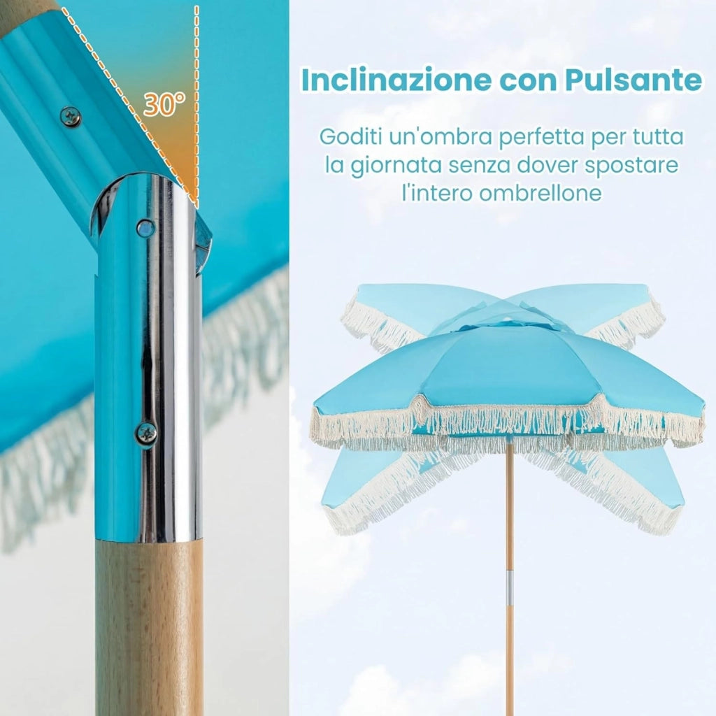 Ombrellone da Spiaggia 180 cm, Inclinabile Regolabile 30°, Palo in Legno, 8 Stecche in Fibra di Vetro, Ombrellone per Giardino, Piscina, Terrazza (Blu)