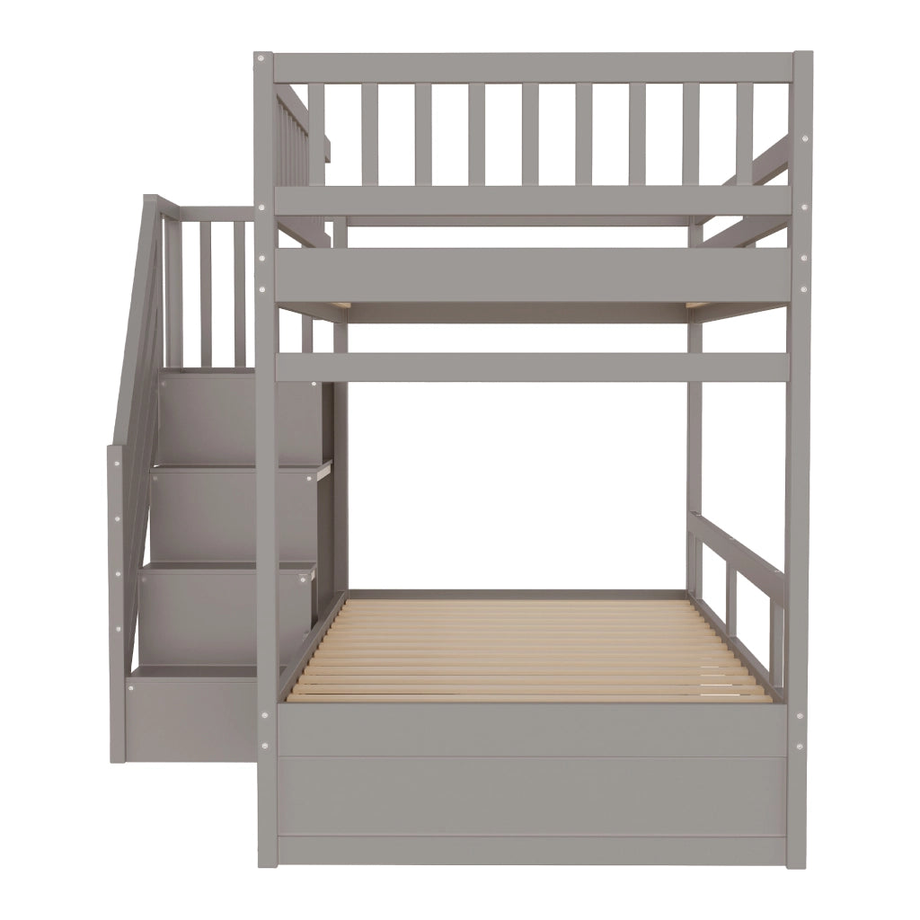 DESMIU Letto a castello 90 × 200 cm 2 posti con scala contenitore e cassetto, senza materasso, in legno, grigio