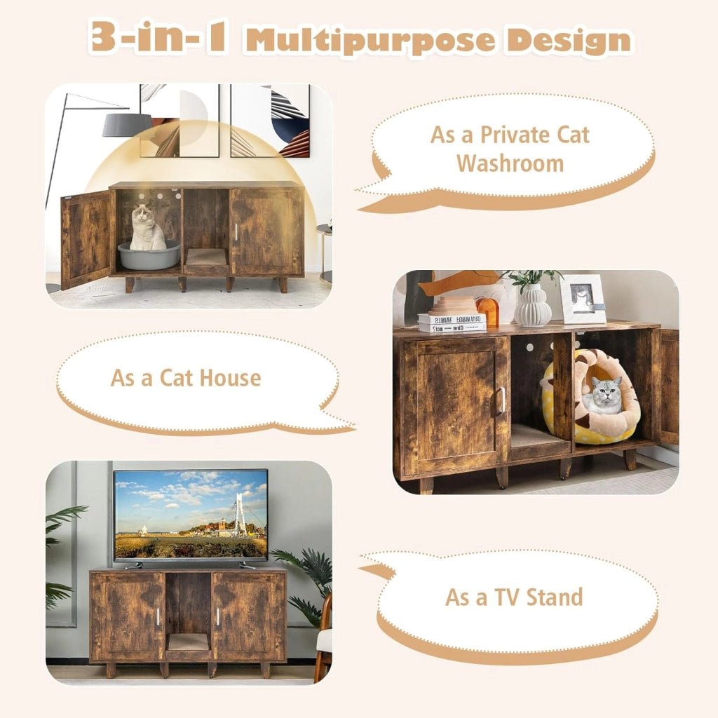 Mobile Lettiera per Gatti con 2 Ante, Armadio per Gatto in Legno con Ingresso Centrale e Tiragraffi, Grotta Rifugio Multiuso per Soggiorno e Camera da Letto, 120 x 52 x 65 cm (Marrone Rustico)