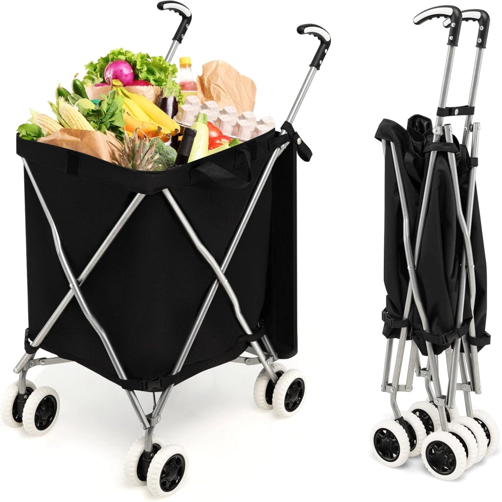 Carrello Spesa Pieghevole con Ruote, Carrello Portaspesa con Fodera in Tessuto Oxford Rimovibile e Impermeabile, 90L, Capacità di peso 55 kg (Nero)