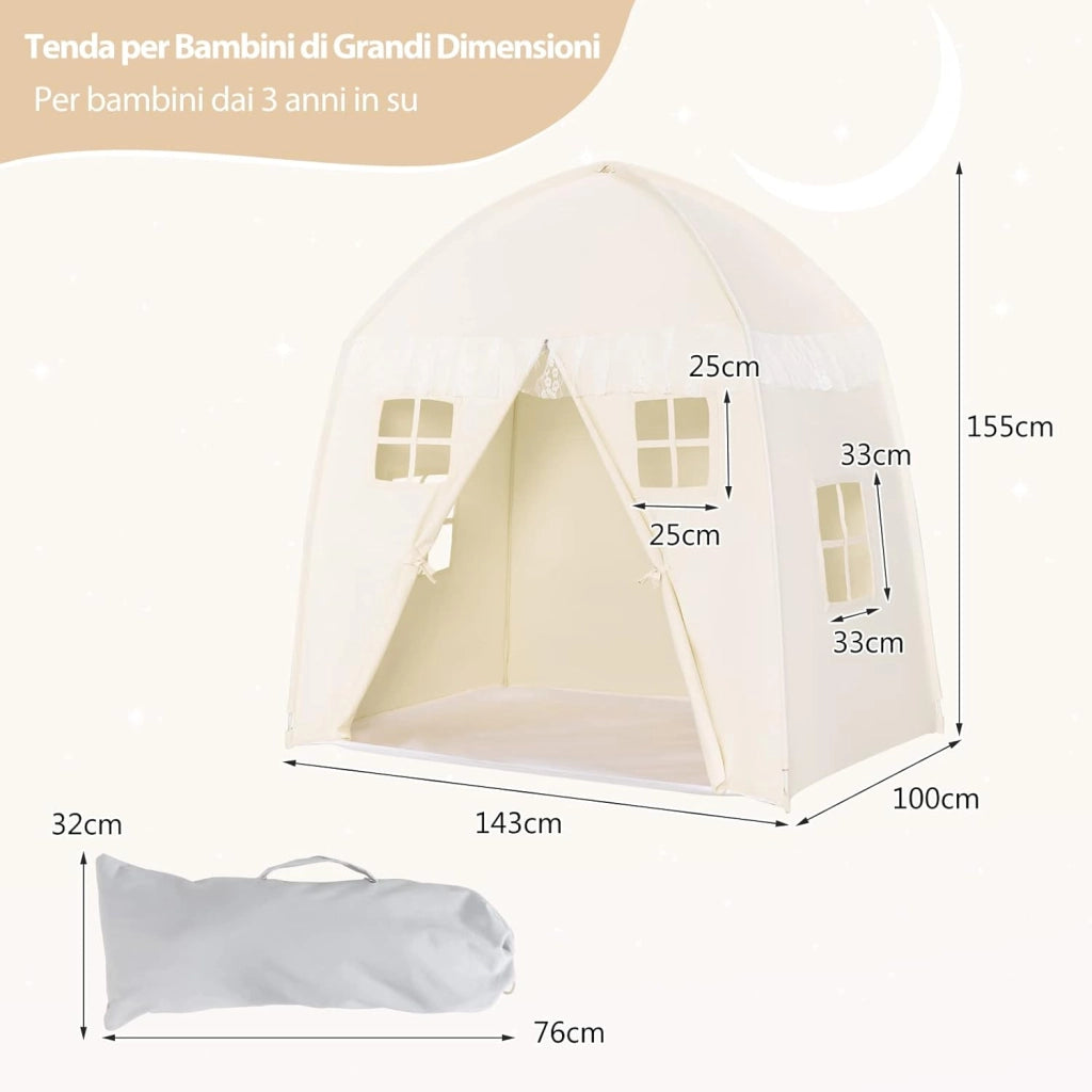 Tenda da Gioco per Bambini, Tenda per Cameretta con Borsa, Tappetino Antiscivolo, Design con Chiusura Lampo, Finestre Traspiranti, Ideale per Bambini e Bambine +3 Anni, Beige