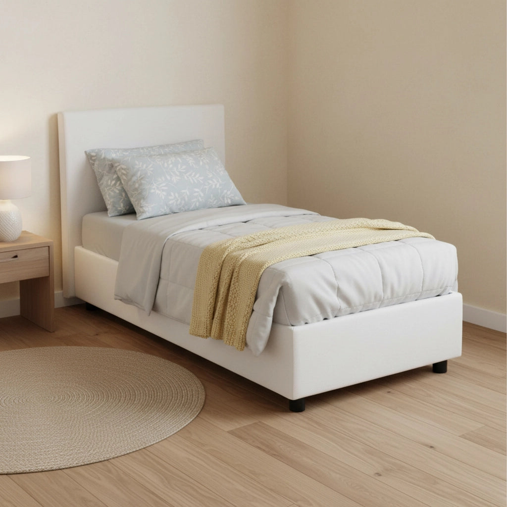 Letto singolo Shana, Letto contenitore con rivestimento in tessuto, Made in Italy, Apertura frontale, adatto per materasso cm 80x200, Bianco