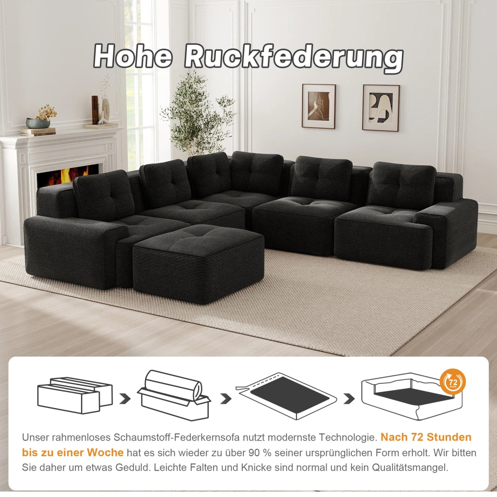 Divano angolare modulare con seduta profonda senza montaggio antiscivolo in velluto a coste nero 295 × 295 × 69 cm