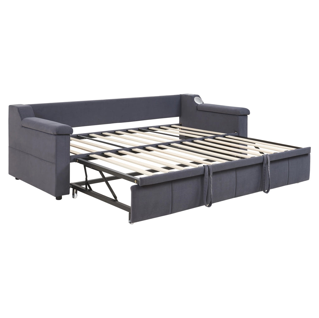 Divano letto imbottito con estensione idraulica 90/180x190 cm; velluto grigio; con Bluetooth e USB