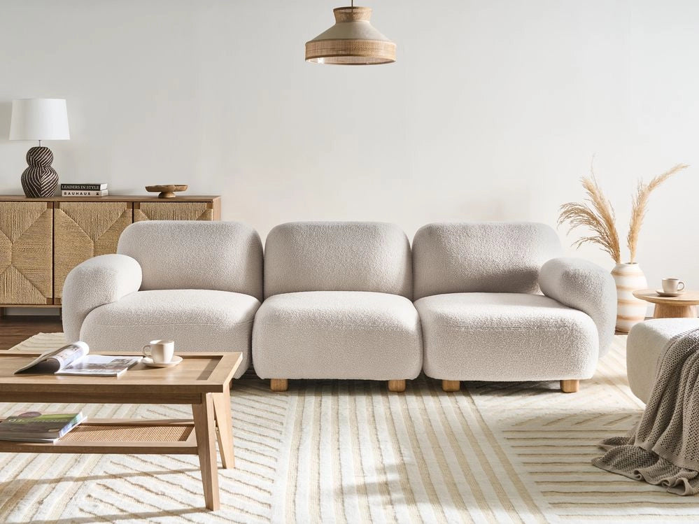 Divano componibile a 3 posti in tessuto due moduli angolari gambe in legno bianco sporco stile moderno