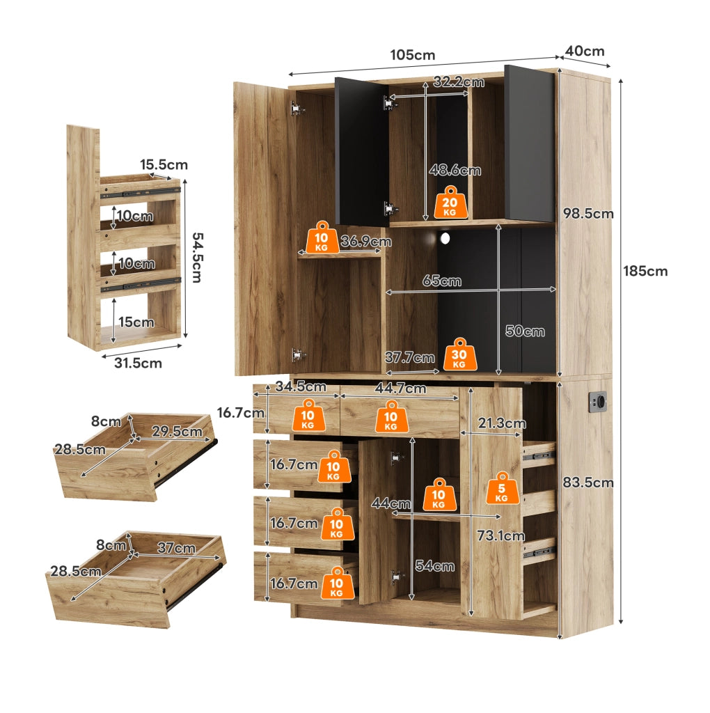 Buffet con LED e ripiani regolabili, 185x105x40 cm, con presa integrata e porta cavi laterale
