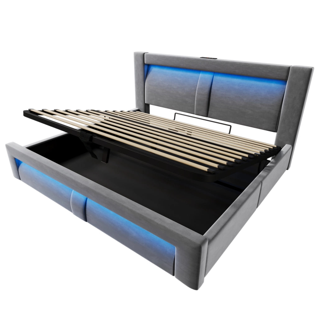 Letto matrimoniale 160x200 cm con contenitore; LED; USB e Type-C; velluto grigio; con materasso